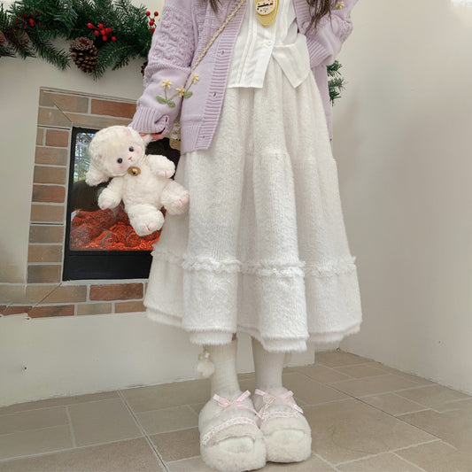 Plush Big Swing Mid-length High Waist Elastic Skirt